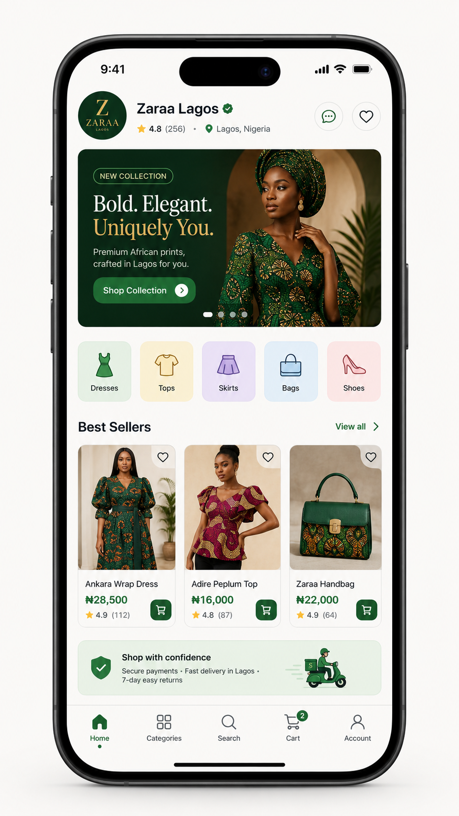 Shoopa customer-facing storefront showing mobile catalog, shopping bag, and checkout flow